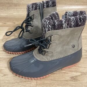 Sporto Lilia Duck Boots Womens 6M Grey Pink Waterproof Winter Snow Zipper Laces
